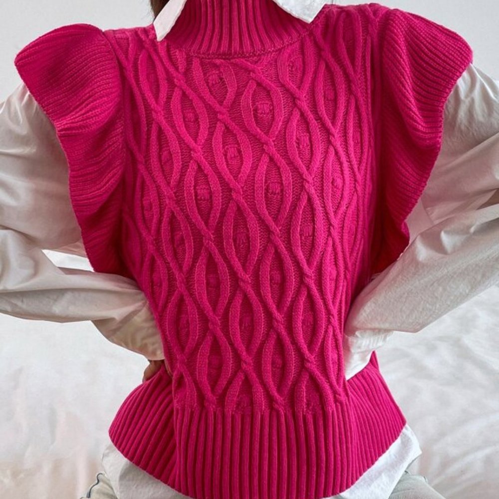 CHIC DOLLZ Cable Knit Ruffle Trim Sweater Vest PI - Picture 6 of 6